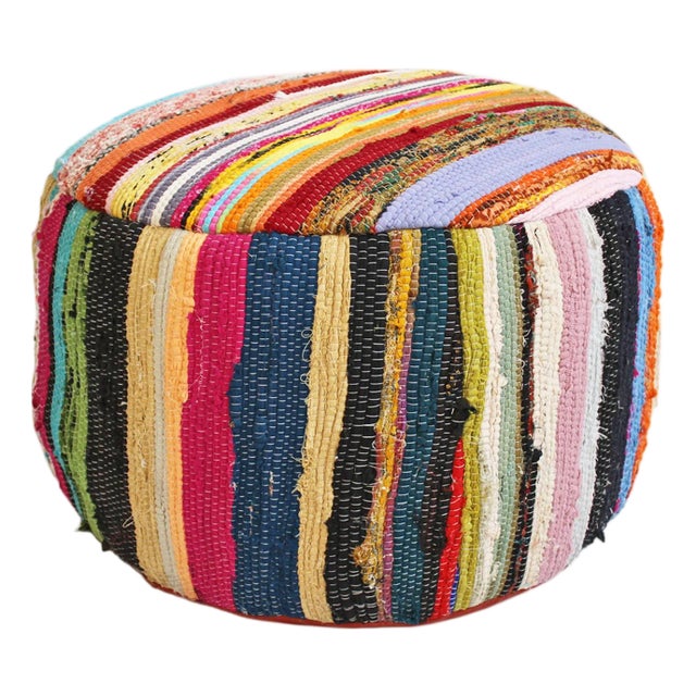 Vintage Boho Colorful Sari Rug Pouf Ottoman For Sale