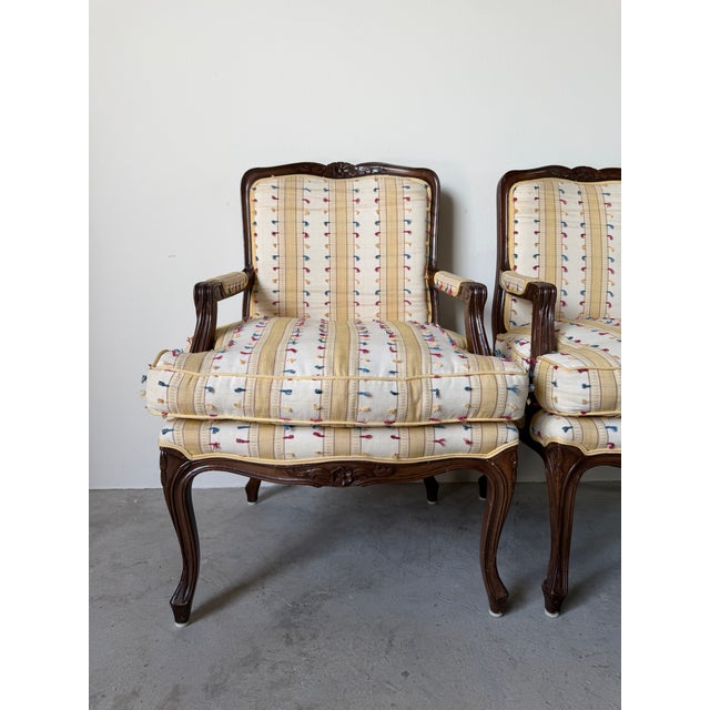 French Vintage Louis XV Style French Provincial Walnut Upholstered Armchairs - A Pair For Sale - Image 3 of 17