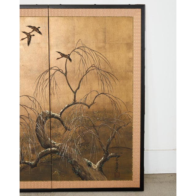 Japanese Showa Four-Panel Screen Wild Geese Autumn Landscape For Sale In Sacramento - Image 6 of 18