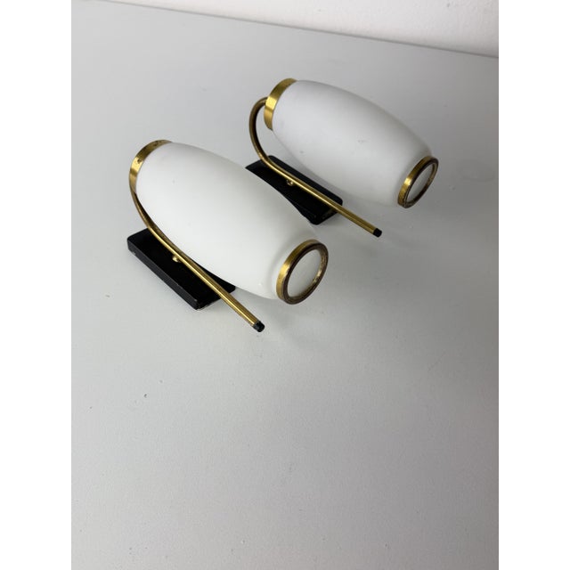 Mid-Century Modern Vintage Opal Glass and Brass Wall Lamps, 1950s, Set of 2 For Sale - Image 3 of 12