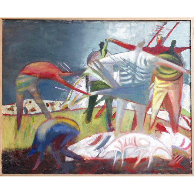 Dream. Oil on canvas 83x99.5 cm this painting features a dynamic and abstract representation of figures and animals,...