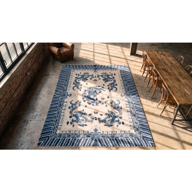 Exceptional White Background Showcases 5 Beautifully Detailed Dragons Antique Chinese Ningxia Rug For Sale - Image 13 of 13