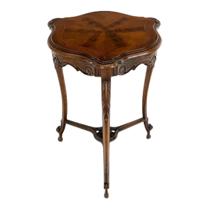 Tri Legged Base Rounded Triangular Shape Carved Walnut Stand Lamp Candle Table