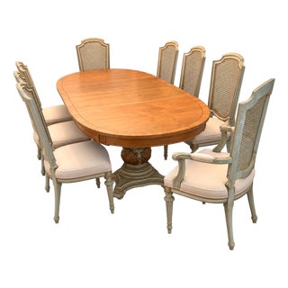 Vintage Hollywood Regency Satinwood Extension Dining Table and 8 Cane-Back Chairs For Sale