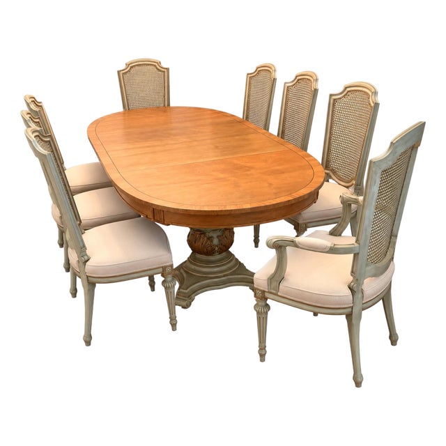 Vintage Hollywood Regency Satinwood Extension Dining Table and 8 Cane-Back Chairs For Sale