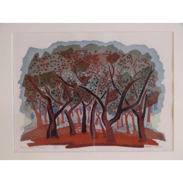 Mid 20th Century "Sycamore Grove" Signed Landscape Block Print by Anders Aldrin, Framed For Sale - Image 4 of 8