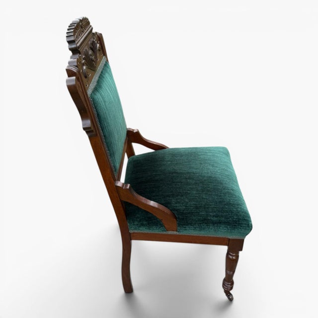 Late 19th Century Antique 1880s Eastlake Chairs • Carved Victorian Pair • Green Velvet Upholstery For Sale - Image 5 of 12