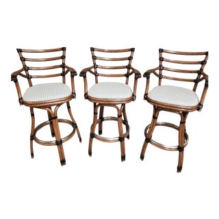 1970s McGuire Faux Bamboo Rattan Bentwood Swivel Bar Stools - Set of 3 For Sale