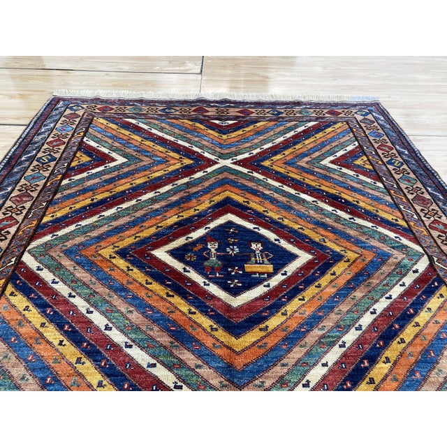 Fine Afghan Kazak Style Rainbow Sunburst Wool Rug 5x7 For Sale - Image 4 of 13