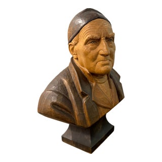 Vintage Hans Huggler Wyss Wood Carved Bust Old Man - Unsigned For Sale