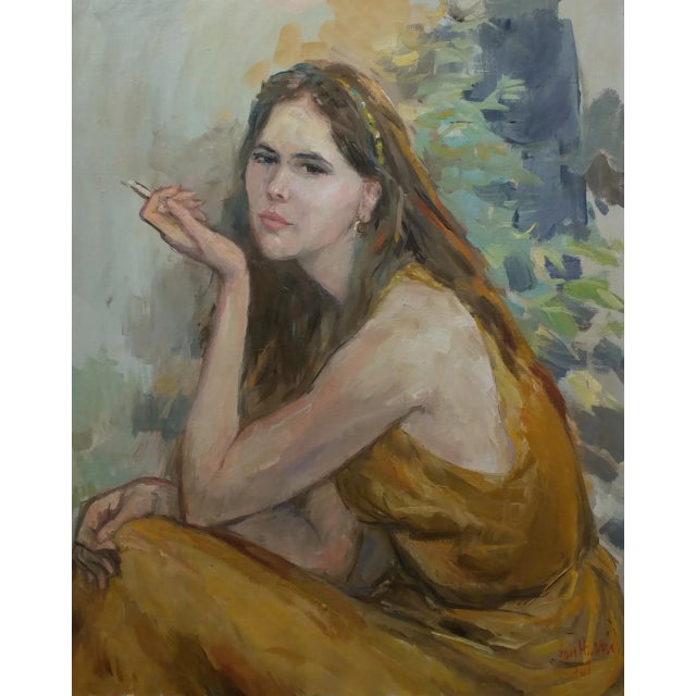 Portraiture Woman Holding a Cigarette Original 1967 Oil Painting by Sam Harris For Sale - Image 3 of 10