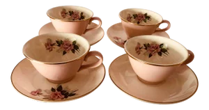 Vintage Mid-Century Pink Rose Pattern Service for 4 Teacups & Saucers