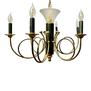 1980s Postmodern 7-Light Brass and Black Enamel French Horn Chandelier