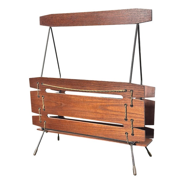 Vintage Italian Wood and Metal Magazine Rack, 1960s For Sale