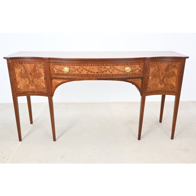 Stunning inlaid mahogany and satinwood sideboard buffet by Orinoco Furniture Co., Columbus, Indiana. Features a flame...