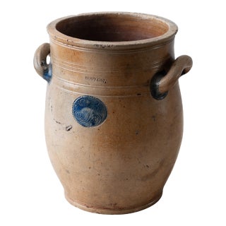 Jonathan Fenton Stoneware Jar, j.f. Cartouche & Cobalt Flower, Boston, c.1795 For Sale