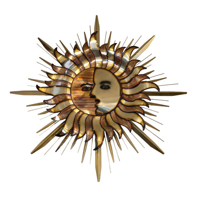 Vintage MCM Brutalist Metall Brass Wall Sculpture by Curtis Jere "Sun and Moon" For Sale