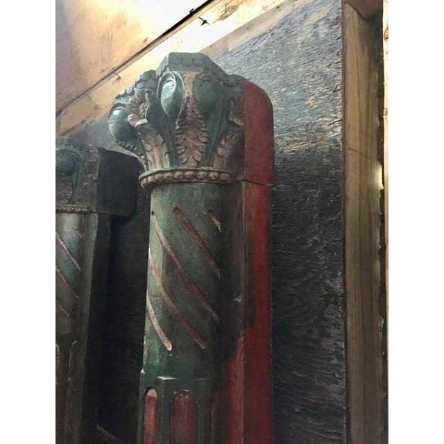 Nice pair of wall mounted or 1/2 columns. Each column is three pieces a carved capital, column, and stone base. Reclaimed...