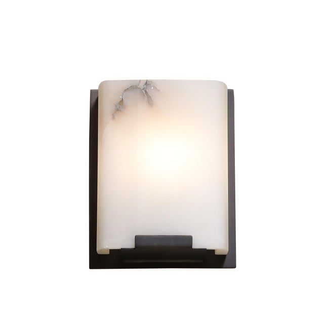 Pair of Modernist Alabaster & Oil-Rubbed Bronze Wall Sconces For Sale - Image 15 of 18