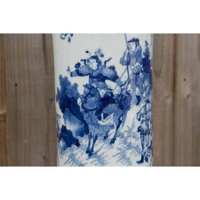 Ceramic Chinese Blue and White Porcelain Sleeve Vase with Warriors and Military Procession For Sale - Image 7 of 18