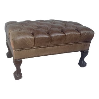 Chesterfield Button-Tufted Brown Leather Ottoman in the Style of Ralph Lauren For Sale