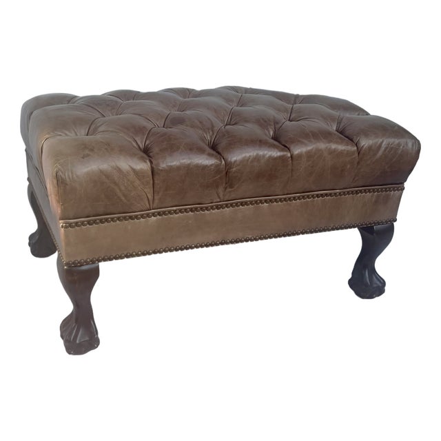 Chesterfield Button-Tufted Brown Leather Ottoman in the Style of Ralph Lauren For Sale