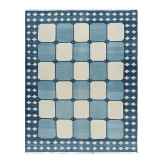 Rug & Kilim’s Contemporary Dhurrie Rug in Blue & White Geometric Square Patterns For Sale