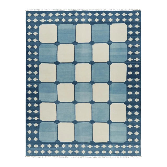 Rug & Kilim’s Contemporary Dhurrie Rug in Blue & White Geometric Square Patterns For Sale