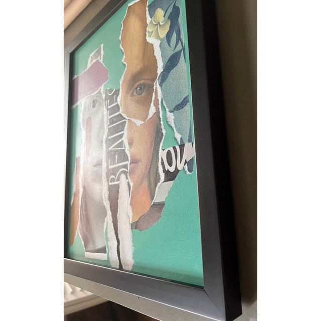 Contemporary RemixD-2 (Mint) by Grant Gilsdorf | Oil on ACM Collage of faces and text on a green background For Sale - Image 3 of 4