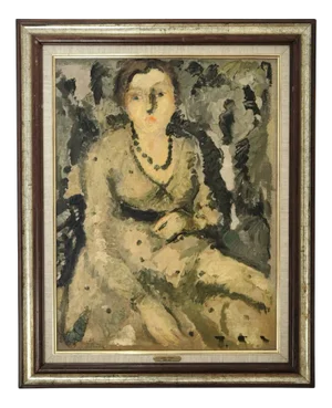 André Julien Prina, Jeune Femme Assise au Collier de Perles, Oil on Canvas, Framed