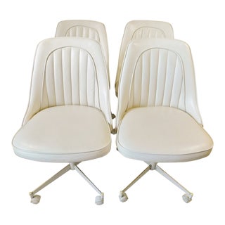 Vintage Stoneville Furniture North Carolina Ivory Vinyl Upholstered Swivel Dining Chairs - Set of 4 For Sale