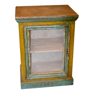 1990s Rustic Heavy Wooden Cabinet / Nightstand W/ Green Trim Patina & Single Glass Door For Sale