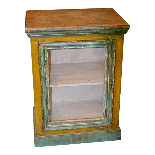 1990s Rustic Heavy Wooden Cabinet / Nightstand W/ Green Trim Patina & Single Glass Door For Sale