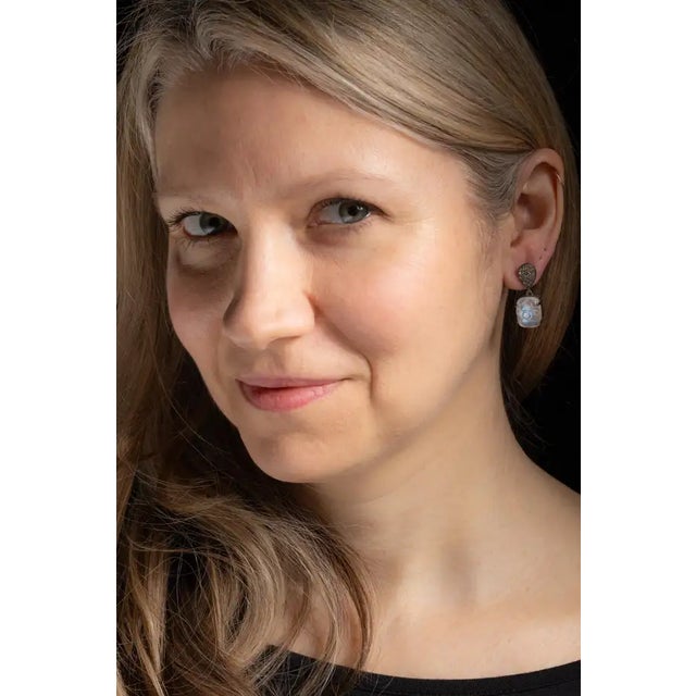 1990s Rainbow Moonstone and Diamond Drop Dangle Earrings, A Pair For Sale - Image 4 of 4