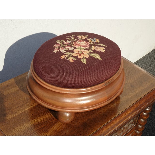 1950s Footstool - Vintage French Country Burgundy Floral Needlepoint Petite Footstool For Sale - Image 5 of 13