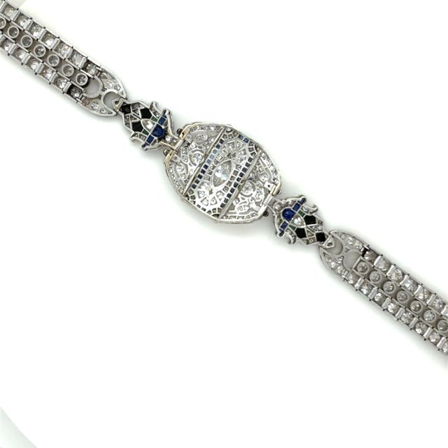 Silver 1920s Art Deco, 14.50 Carats Diamond, Sapphire and Emerald Bracelet, Platinum For Sale - Image 8 of 11