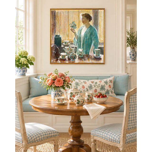 Bunny Williams Home 1912 Vintage Tea Set Art Print, American Impressionist Woman Portrait by Childe Hassam - 18" X 18" For Sale - Image 4 of 9