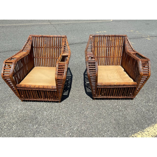 1930s Pair of Restored Art Deco Pencil Split Reed Rattan Lounge Chairs For Sale - Image 10 of 11