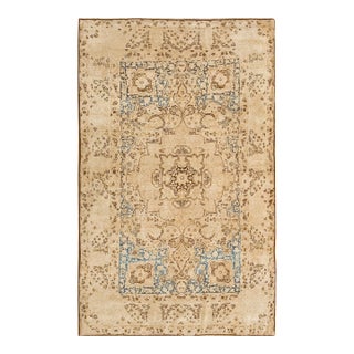 1890s Tan Camel Medallion Antique s.e. Kirman Lavar Carpet 4' X 6'4" Wool Knotted Rug For Sale