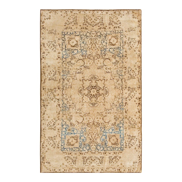 1890s Tan Camel Medallion Antique s.e. Kirman Lavar Carpet 4' X 6'4" Wool Knotted Rug For Sale