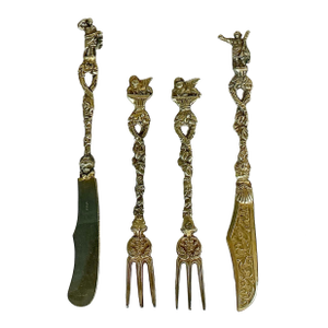 Antique Italian Baroque Art Nouveau Serving Utensils, Butter Knives and Relish Forks - Set of 4.