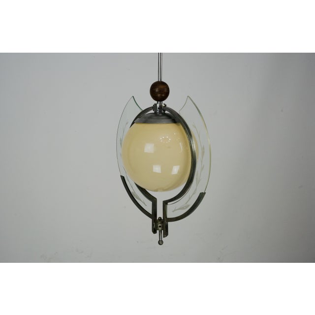 1930s Art Deco Italian Pendant Light with Etched Glass and Amber Globe, 1930s For Sale - Image 5 of 17