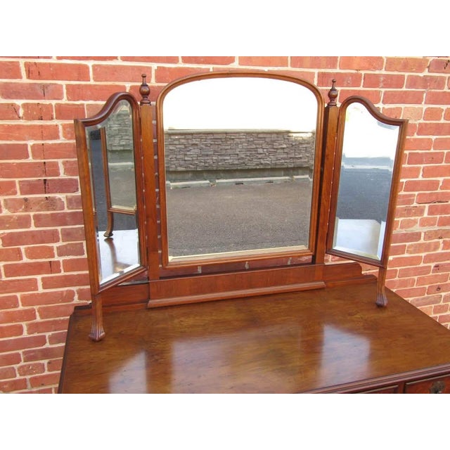 Rare English Ladies Burl Walnut triple Mirror Dressing table by Gillows of Lancaster 1900s Step into timeless elegance...