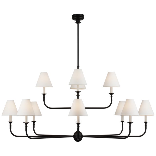 Transitional Thomas O'Brien for Visual Comfort Signature Piaf Grande Two-Tier Chandelier in Aged Iron & Ebonized Oak with Linen Shades For Sale - Image 3 of 5