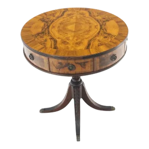 Walnut Round Drum Center Side Table Stand with Drawers Johnson Furniture