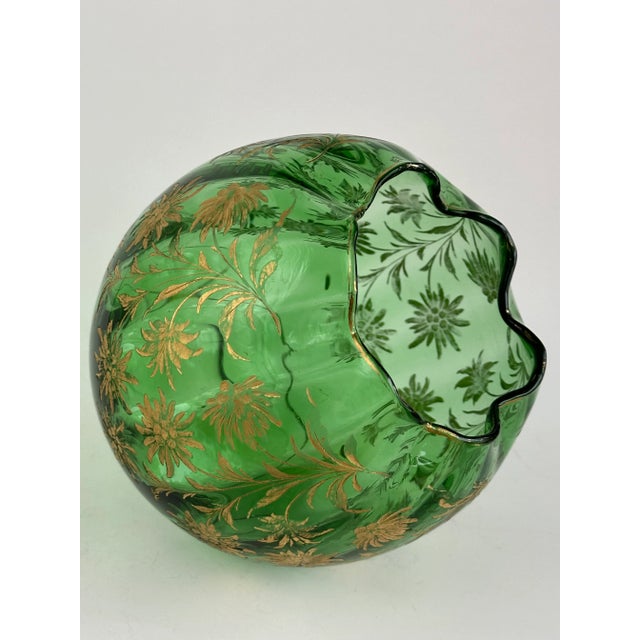 Green Edelweiss Bohemian Art Glass Rose Bowl, Optic Ribbed For Sale - Image 8 of 9