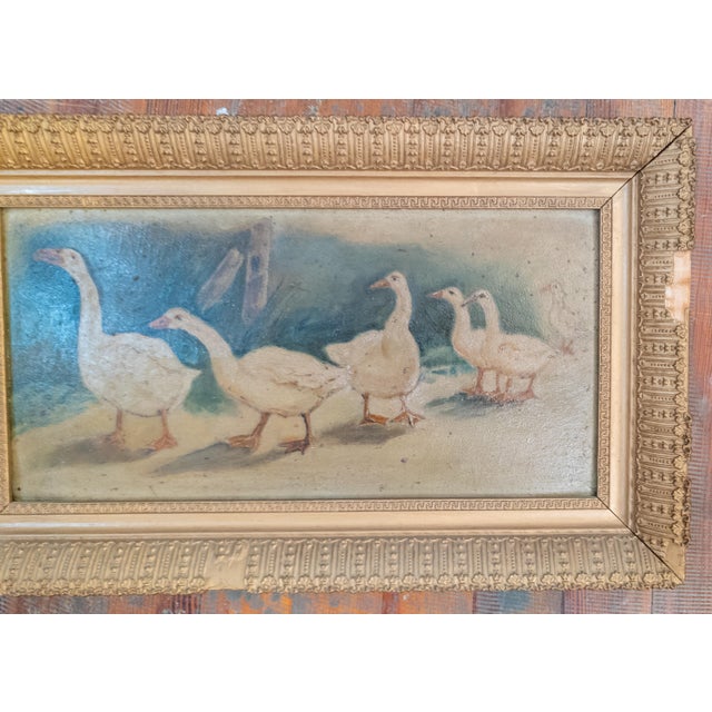 Farmhouse 19th Century Rustic Primitive Naive Oil Painting of Non-Violent Geese or Swans For Sale - Image 3 of 7