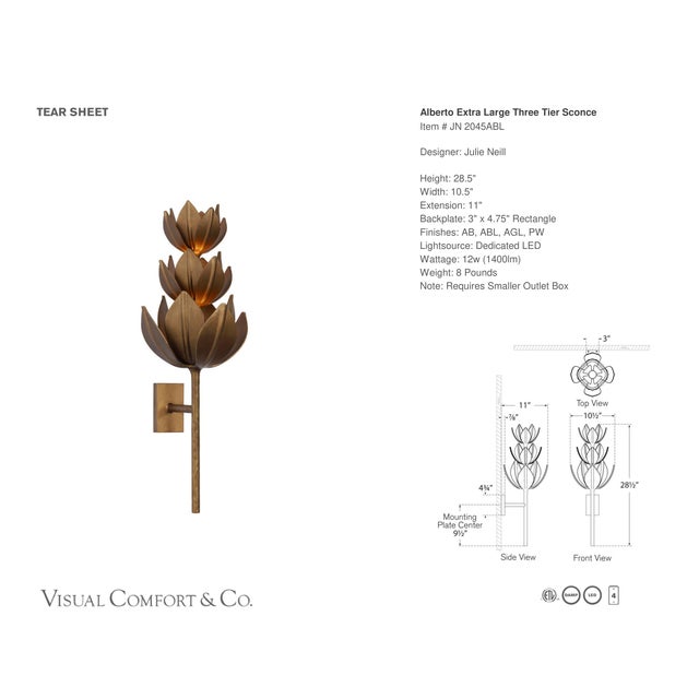 Transitional Julie Neill for Visual Comfort Signature Alberto Extra Large Three Tier Sconce in Antique Bronze Leaf For Sale - Image 3 of 5