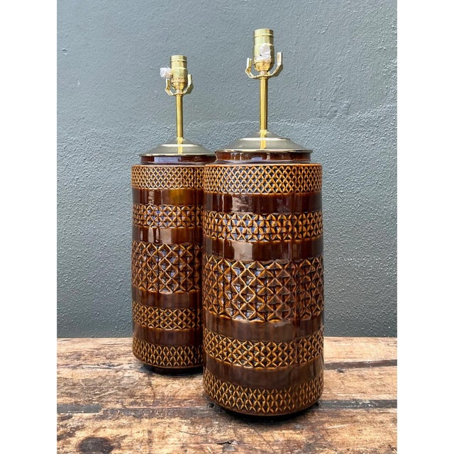 Vintage Geometric Pattern Ceramic Lamps - a Pair For Sale - Image 9 of 12