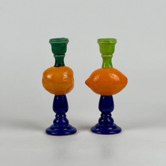 1990s Vintage Pair of David Heger Ny Ceramic Fruit Candlestick Holders For Sale - Image 5 of 8